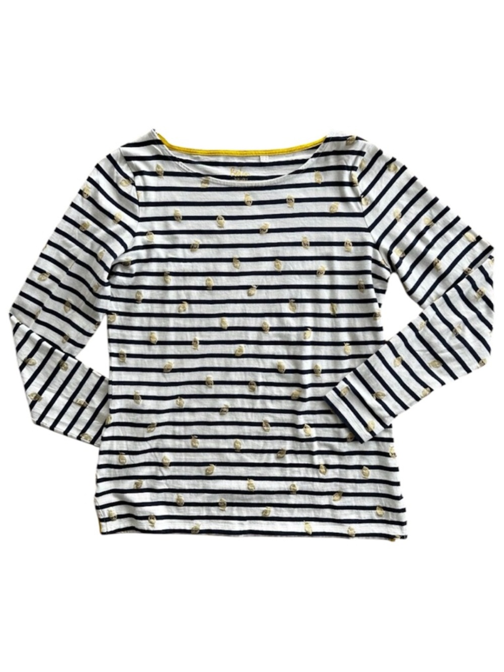 Boden Breton Long-Sleeve Navy White Stripe Mariner Top Gold Lemon Size 6 Women’s